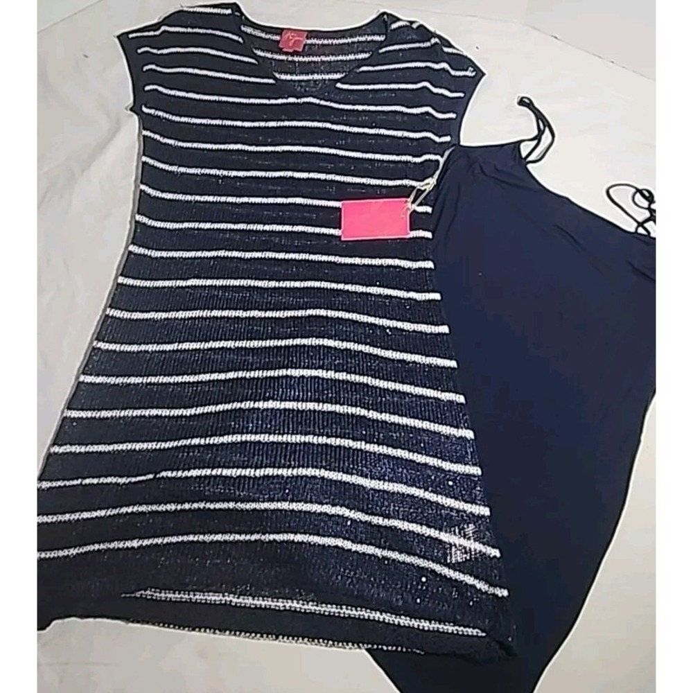 John & Jenn Navy Striped Sparkling Shirt Dress Sheer With Removable Slip...